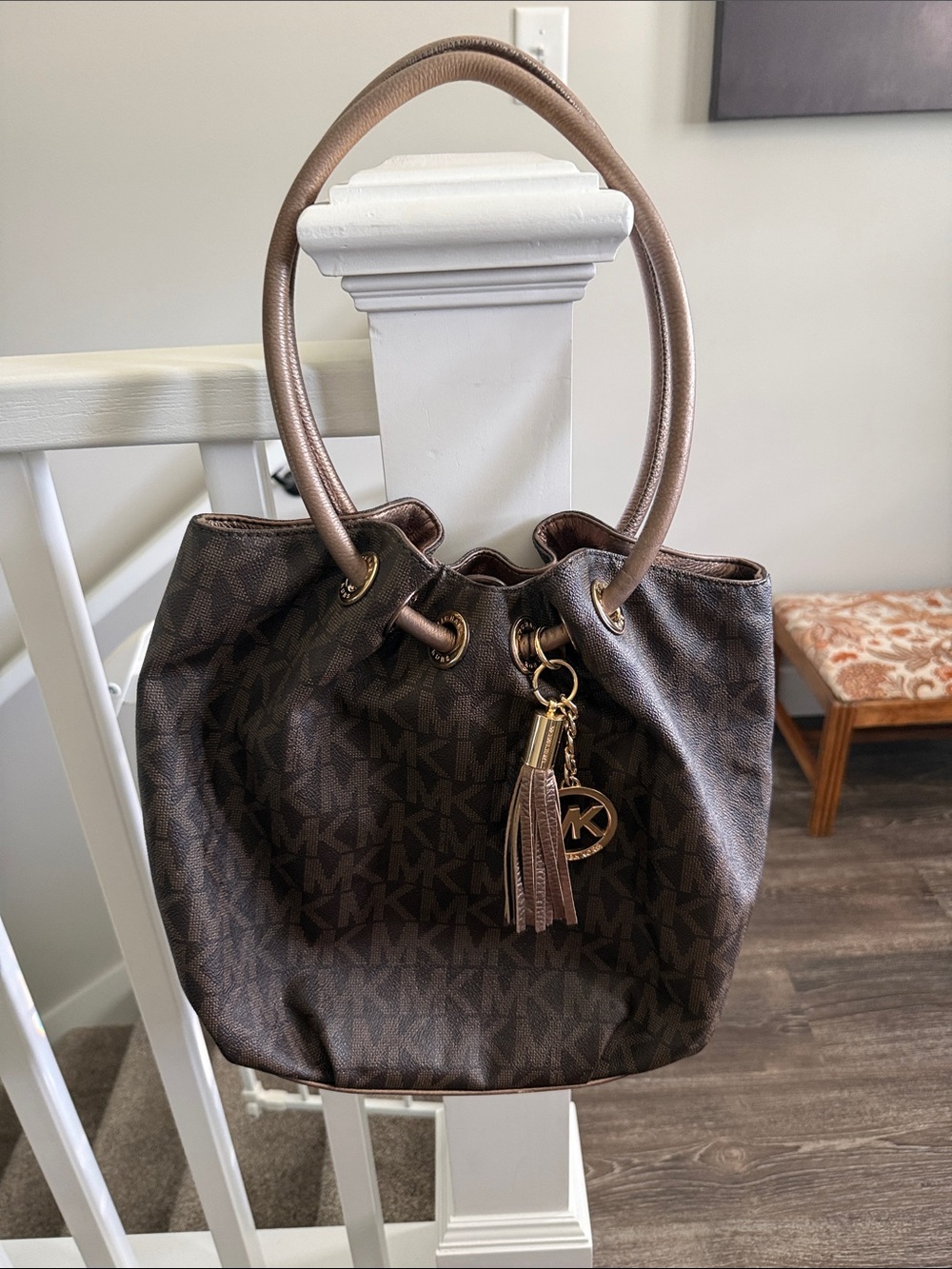 Michael Kors Brown Logo Drawstring Shoulder Bag with Tassel Charm